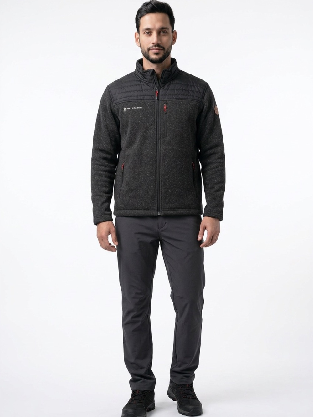 Free Country Men’s Black Heather Hybrid Performance Jacket with Red Accents. XL